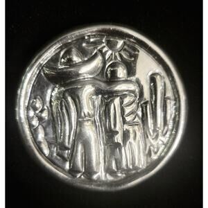 Mexican Silver Pin Brooch Features Traditional Mexican Attire, Cactus And Sun